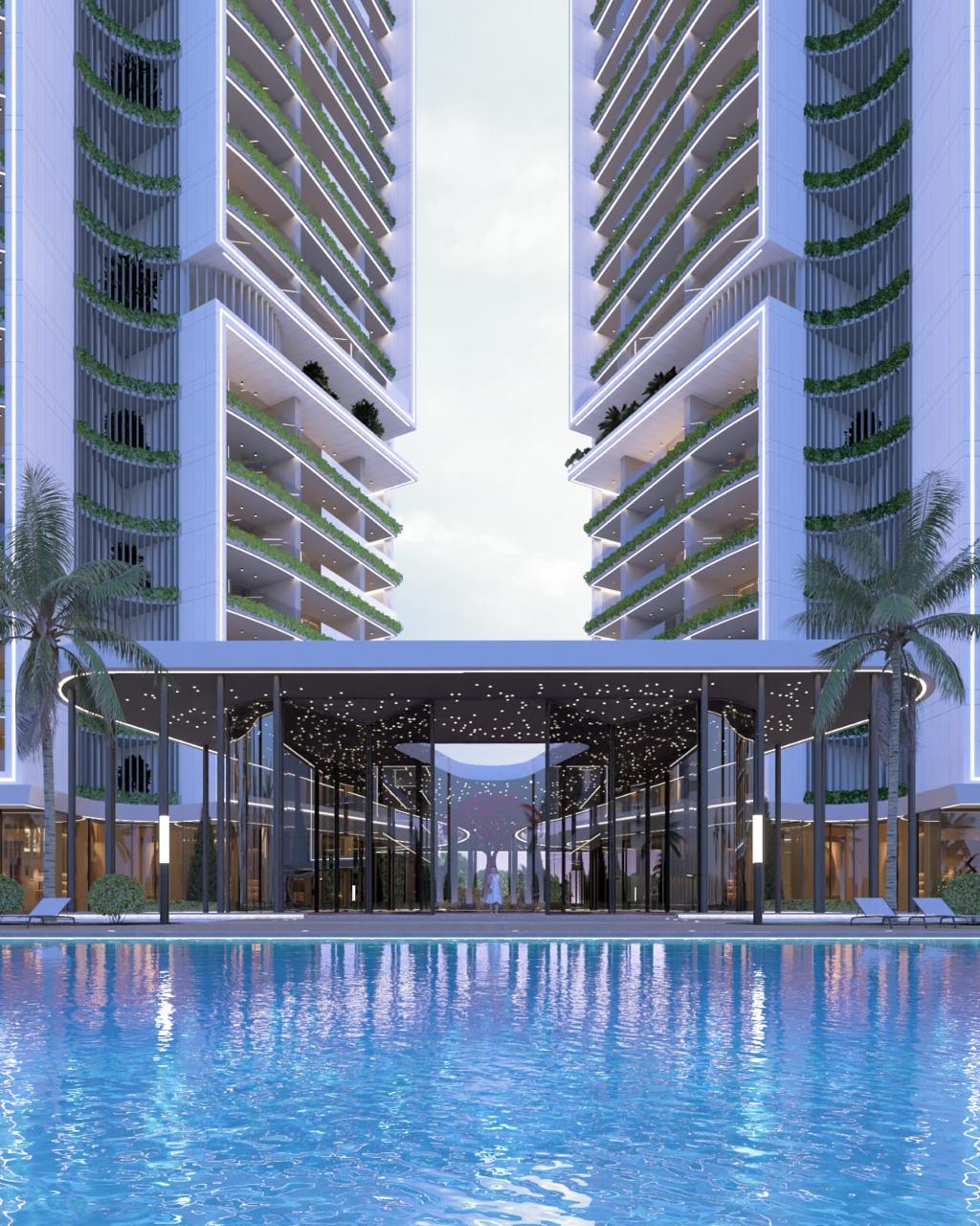 Modern luxury development with high-rise buildings, green balconies, and a swimming pool in Cyprus.