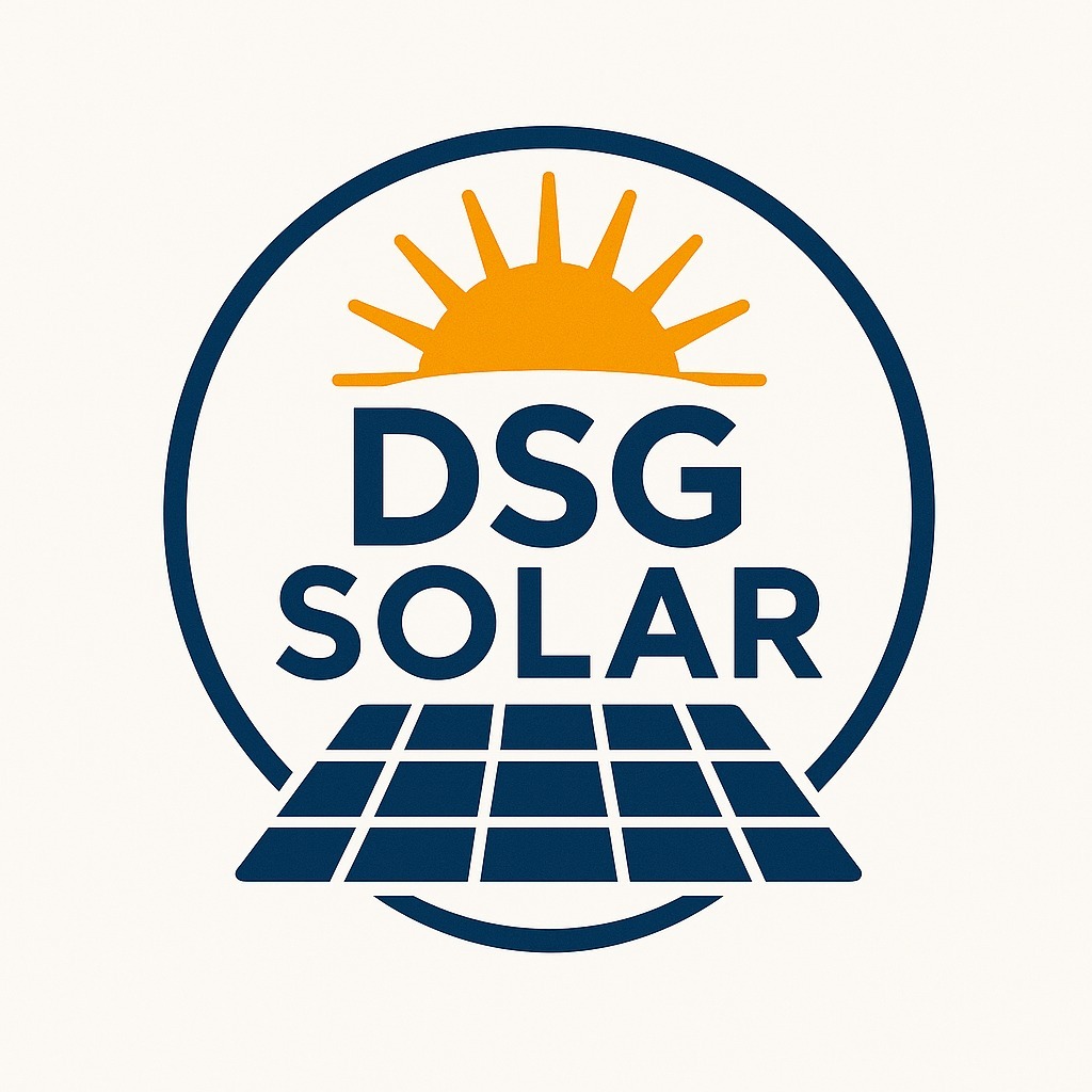 DSG Solar logo featuring a stylized sun rising above solar panels inside a circular emblem.