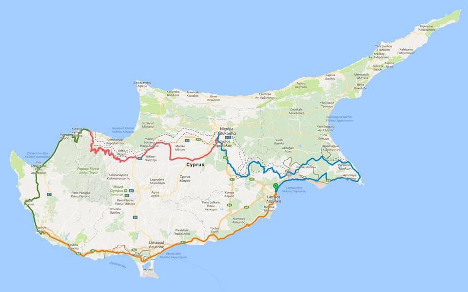 Map of Cyprus displaying the Tour of Cyprus cycling route, highlighting multi-day stages and routes across the island
