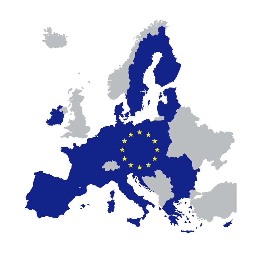 Map of Europe highlighting European Union countries in blue, representing housing affordability in Europe at a regional level.